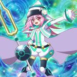  1girl cape duel_monster hat maiko_(mimi) open_mouth pantyhose pink_eyes pink_hair smile solo tuning_fork tuning_magician yu-gi-oh! yuu-gi-ou_arc-v 