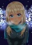  1girl alessandra_susu blonde_hair blue_eyes blurry blush bokeh breasts depth_of_field highres long_hair looking_at_viewer makurappoi scarf smile snow solo tan tokyo_7th_sisters upper_body 