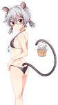  1girl animal_ears ass bare_shoulders bespectacled bikini black_bikini blush breasts bucket butt_crack glasses grey_hair halter_top halterneck highres jewelry looking_at_viewer low_twintails maturiuta_sorato mouse mouse_ears mouse_tail nazrin pendant red-framed_eyewear red_eyes semi-rimless_glasses sideboob simple_background small_breasts solo standing swimsuit tail touhou twintails under-rim_glasses water wavy_mouth white_background 