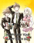  1girl 2boys ahoge akamatsu_kaede akeri_(bebop444) blonde_hair brown_hair brown_necktie dangan_ronpa dangan_ronpa_1 dangan_ronpa_3 formal green_eyes green_necktie happy_birthday happy_new_year hinata_hajime hood hoodie kadomatsu multiple_boys musical_note musical_note_hair_ornament naegi_makoto necktie new_dangan_ronpa_v3 new_year pink_eyes pleated_skirt quaver school_uniform seigaiha semiquaver simple_background skirt smile suit super_dangan_ronpa_2 sweater_vest yellow_background 