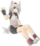  1girl adapted_costume animal_ears bike_shorts black_gloves brown_eyes fingerless_gloves from_side gloves hair_between_eyes hat inubashiri_momiji looking_at_viewer looking_to_the_side netamaru pom_pom_(clothes) shoes short_hair silver_hair sitting sneakers solo tokin_hat touhou triangle_mouth undershirt wolf_ears 