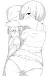  absurdres ass breasts camisole cowboy_shot dakimakura_(object) dimples_of_venus fate/grand_order fate_(series) from_behind fujimaru_ritsuka_(female) greyscale hair_over_one_eye highres ichijou_(kr_neru0) looking_at_viewer looking_back medium_breasts monochrome no_pants object_hug one_eye_closed panties pillow riyo_(lyomsnpmp)_(style) shielder_(fate/grand_order) short_hair sideboob simple_background strap_slip underwear white_background 