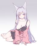  1girl animal_ears arm_support bare_legs bare_shoulders barefoot blush breasts camisole cleavage collarbone commentary dress fox_ears gradient gradient_background half-closed_eyes japanese_clothes kimono lace lace-trimmed_dress large_breasts long_hair off_shoulder original purple_hair ryuusei_(ryuuseiseikou) sitting sleepy solo strap_slip very_long_hair violet_eyes yokozuwari 