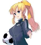  1girl :p ball blonde_hair blue_eyes bow breasts hair_bow highres jacket large_breasts masao original ponytail sidelocks sleeves_past_wrists soccer_ball solo tongue tongue_out track_jacket track_suit yellow_bow 