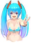  1girl absurdres bikini blue_eyes blue_hair breasts cleavage fang hatsune_miku heart heart-shaped_pupils highres medium_breasts navel open_mouth sketch smile striped striped_bikini swimsuit symbol-shaped_pupils twintails upper_body v vocaloid waist 