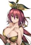  1girl bangs bare_arms bare_shoulders breast_suppress breasts brown_hair cleavage collarbone flower granblue_fantasy hair_between_eyes hair_flower hair_ornament highres large_breasts leaf leaf_on_head long_hair looking_at_viewer low_twintails navel parted_lips plant_girl redhead solo tony_guisado twintails upper_body yggdrasill_(granblue_fantasy) 