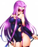  1girl :&lt; arm_warmers bare_shoulders black_legwear blindfold blurry blush boots boruhis breasts chains choker cleavage cleavage_cutout collarbone contrapposto covered_navel cowboy_shot dual_wielding eyebrows_visible_through_hair facial_mark fate/stay_night fate_(series) forehead_mark garter_straps glasses groin head_tilt holding holding_weapon long_hair medium_breasts nameless_dagger open_mouth purple_hair rider shiny shiny_skin simple_background skin_tight sleeveless solo spikes standing strapless tareme thigh-highs thigh_boots very_long_hair weapon white_background 