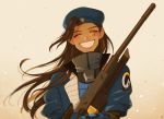  1girl :d alternate_costume ana_(overwatch) armor beret blue_jacket bodysuit brown_hair captain_amari character_name closed_eyes clothes_writing dark_skin emblem facial_mark facial_tattoo grin gun hat holding holding_weapon jacket logo long_hair looking_at_viewer military military_uniform open_mouth overwatch perio_67 power_armor power_suit rifle smile sniper_rifle solo tattoo turtleneck uniform upper_body weapon younger 