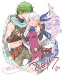  1boy 1girl animal animal_on_shoulder belt bird bird_on_shoulder fire_emblem fire_emblem:_akatsuki_no_megami green_hair hair_ribbon kizuki_miki looking_at_viewer micaiah open_mouth ponytail ribbon scarf silver_hair smile sothe 