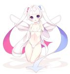  1girl bangs blunt_bangs bra full_body kuro_guren looking_at_viewer midriff navel open_mouth personification pointy_ears pokemon solo togekiss togetic twintails underwear violet_eyes white_hair white_wings wings 