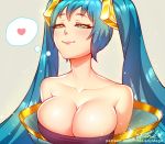  1girl artist_name bangs blue_eyes blue_hair breasts bursting_breasts cleavage collarbone dress hair_ornament half-closed_eyes heart large_breasts league_of_legends light_smile lips lipstick long_hair low_neckline makeup off_shoulder patreon pinkladymage shiny shiny_hair signature simple_background smile solo sona_buvelle sparkle strapless strapless_dress thought_bubble twintails upper_body white_background 