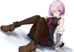  1girl bare_shoulders black_legwear blush breasts dutch_angle fate/grand_order fate_(series) hair_over_one_eye harimoji jacket necktie panties panties_under_pantyhose pantyhose pantyshot purple_hair shielder_(fate/grand_order) short_hair sideboob sitting smile solo underwear violet_eyes 