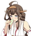  1girl ahoge bare_shoulders blue_eyes blush breasts brown_hair detached_sleeves hair_bun headgear kantai_collection kongou_(kantai_collection) long_hair nontraditional_miko open_mouth simple_background solo tears white_background zekkyon 