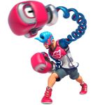  1boy absurdres android arms_(game) blue_hair boxing_gloves fighting_stance full_body grey_shorts highres looking_at_viewer male_focus mask nintendo official_art pompadour shoes shorts smile smirk sneakers spring_man spring_man_(arms) thick_eyebrows 