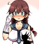  /\/\/\ 1girl 2017 bangs blue_eyes blush braid breast_grab breasts brown_hair commentary_request dated gloves grabbing green_eyes groping kantai_collection large_breasts long_hair looking_at_viewer necktie nipples nose_blush noshiro_(kantai_collection) open_mouth richou_(zerozero1101) salute solo_focus surprised sweatdrop swept_bangs twin_braids twitter_username upper_body white_gloves 