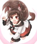 1girl :d animal_ears brown_hair claw_pose dress fang fingernails frilled_sleeves frills highres imaizumi_kagerou kibisake long_fingernails long_hair long_sleeves nail_polish open_mouth red_eyes sharp_fingernails smile solo tail touhou wide_sleeves wolf_ears wolf_tail 