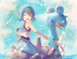  1girl blue_hair blush closed_eyes clouds cloudy_sky hairband lapras nagakura_(seven_walkers) ocean one-piece_swimsuit open_mouth pokemon pokemon_(creature) pokemon_(game) pokemon_sm short_hair sky sleeveless suiren_(pokemon) swimsuit swimsuit_under_clothes trial_captain wingull 