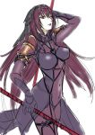  1girl bodysuit breasts covered_navel dual_wielding fate/grand_order fate_(series) gae_bolg holding holding_weapon kishizuka_kenji long_hair looking_at_viewer parted_lips purple_hair red_eyes scathach_(fate/grand_order) simple_background solo veil weapon white_background 