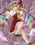  1girl arms_at_sides ascot bangs blonde_hair brown_shoes chains closed_mouth crystal flandre_scarlet flying frilled_ribbon frilled_shirt_collar frilled_skirt frills hat hat_ribbon highres looking_at_viewer mob_cap netamaru red_eyes red_ribbon red_skirt red_vest ribbon shoes short_sleeves side_ponytail skirt skirt_set smile socks solo touhou vest white_legwear wings wrist_cuffs 