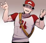  1boy arms_up backpack bag baseball_cap commentary constricted_pupils denim glasses_enthusiast hat jeans male_focus pants pokemon pokemon_(game) pokemon_sm raglan_sleeves red_(pokemon) red_(pokemon)_(sm) shaded_face shirt smile t-shirt wristband 