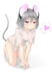  1girl absurdres all_fours animal_ears bangs blush bottomless brown_eyes closed_mouth dress_shirt full_body grey_hair hair_between_eyes heart highres kneeling looking_at_viewer mouse_ears mouse_tail nazrin netamaru shirt short_hair smile solo spoken_heart tail touhou v_arms white_background white_shirt 