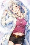  1girl anastasia_(idolmaster) belt blue_eyes breasts footprints fur_trim glass_slipper hood idolmaster idolmaster_cinderella_girls lying navel on_back one_eye_closed open_mouth short_hair shorts silver_hair smile snow solo takeya_y0615 