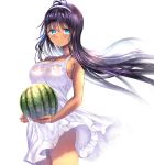 1girl black_hair blue_eyes breasts cowboy_shot dark_skin dress food fruit gorua_(youce01) hairband large_breasts long_hair original simple_background solo watermelon wet wet_clothes white_background white_dress wind 
