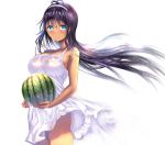  1girl :o antenna_hair bangs bare_arms bare_shoulders black_hair blue_eyes blush breasts cleavage cowboy_shot dress floating_hair food fruit gorua_(youce01) hairband large_breasts long_hair looking_at_viewer original sidelocks solo sundress watermelon wet wet_clothes wet_dress white_dress 