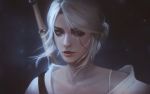  1girl ciri face green_eyes highres lips looking_at_viewer raikoart scar short_hair silver_hair solo sword the_witcher the_witcher_3 weapon wind 