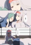  2girls brown_eyes closed_eyes futon green_hair headband japanese_clothes kantai_collection kisetsu long_hair lying multiple_girls shoukaku_(kantai_collection) translation_request twintails white_hair zuikaku_(kantai_collection) 