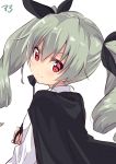  1girl absurdres amano_kouki anchovy cape drill_hair girls_und_panzer hair_ribbon highres long_hair looking_at_viewer red_eyes ribbon shaft_look silver_hair simple_background sketch smile solo twin_drills twintails white_background 