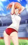  1girl ace_academy adjusting_hair arms_up ass bangs blush breasts buruma cowboy_shot day gym_uniform highres itami_kaori large_breasts looking_at_viewer nose_blush open_mouth orange_eyes orange_hair ponytail short_hair short_sleeves solo stadium sunlight sweat the-sinner 