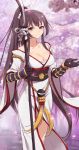  1girl alternate_costume breasts brown_hair cherry_blossoms cleavage collarbone gauntlets highres japanese_clothes kantai_collection kisetsu long_hair naginata petals polearm ponytail smile very_long_hair weapon yamato_(kantai_collection) 