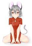  1girl absurdres alternate_costume animal_ears bangs bare_legs barefoot blush breasts brown_eyes china_dress chinese_clothes closed_mouth dress full_body grey_hair hair_between_eyes heart heart-shaped_pupils highres looking_at_viewer mouse_ears mouse_tail nazrin netamaru pelvic_curtain red_dress short_hair short_sleeves sitting small_breasts smile solo symbol-shaped_pupils tail touhou v_arms wariza 