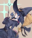  1girl belt black_hat blue_hair broom brown_background choker collarbone covered_navel cowboy_shot crescent dutch_angle eyelashes feathers fingernails from_side glasses hair_ornament hat hat_feather hat_ribbon highres holding holding_wand hood hood_down little_witch_academia long_hair long_sleeves looking_at_viewer o-ring opaque_glasses pinky_out ribbon rimless_glasses robe simple_background skin_tight smile solo tokopi ursula_(little_witch_academia) wand wide_sleeves witch witch_hat 