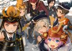  6+boys akita_toushirou armor atsushi_toushirou black_hair blue_eyes brown_eyes brown_hair gloves gokotai grey_eyes grin hair_over_one_eye hat helmet hirano_toushirou japanese_armor kabuto kiwame_(touken_ranbu) maeda_toushirou male_focus military military_uniform multiple_boys necktie oisih ookanehira_(touken_ranbu) open_mouth pink_hair redhead smile snow sode tassel tate_eboshi touken_ranbu uniform violet_eyes white_gloves white_hair yagen_toushirou yellow_eyes 