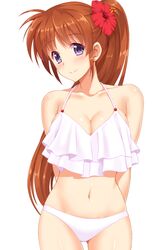  1girl arms_behind_back bare_shoulders bikini blush breasts brown_hair cleavage collarbone crop_top crop_top_overhang flower frilled_bikini frills hair_flower hair_ornament halter_top halterneck hibiscus highres large_breasts long_hair looking_at_viewer lyrical_nanoha mahou_shoujo_lyrical_nanoha_strikers navel shinki_(shinki59) shiny shiny_hair shiny_skin side_ponytail sideboob sidelocks simple_background skindentation smile solo swimsuit takamachi_nanoha violet_eyes white_background white_bikini 