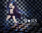  belt bikini black_hair black_rock_shooter black_rock_shooter_(character) blue_eyes boots breasts chains checkered checkered_background copyright_name front-tie_bikini front-tie_top jacket knee_boots long_hair midriff off_shoulder reking scar short_shorts shorts small_breasts swimsuit twintails 