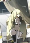  1girl ass bad_anatomy bad_hands bare_shoulders blonde_hair blush bra green_eyes high_heels highres kuroi_paseri lusamine_(pokemon) panties photo_(object) pokemon pokemon_(game) pokemon_sm solo thigh-highs underwear very_long_hair 