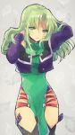  1girl arms_up boots breasts dress green_eyes green_hair impossible_clothes impossible_dress jacket lamia_loveless large_breasts long_hair looking_at_viewer nunuko_(mu661129) super_robot_wars super_robot_wars_advance super_robot_wars_advance_portable super_robot_wars_original_generation thigh-highs thigh_boots 