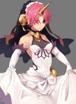  1girl bare_shoulders berserker_of_black blue_eyes breasts cocorosso dress dress_lift elbow_gloves eyes_visible_through_hair fate/grand_order fate_(series) gloves hair_over_eyes headgear heterochromia horn pink_hair short_hair small_breasts solo veil white_dress white_gloves yellow_eyes 