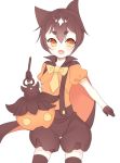 black_gloves brown_hair cape fang gloves kuro_guren looking_at_viewer open_mouth orange_eyes overalls personification pumpkaboo solo standing 