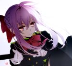  1girl black_legwear bow bowtie brown_eyes gloves hair_between_eyes hair_bow hiiragi_shinoa long_hair looking_at_viewer military military_uniform owari_no_seraph purple_hair red_bow solo thigh-highs tsukimori_usako uniform white_gloves 