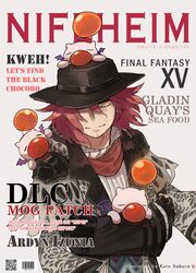  1boy ardyn_izunia cover facial_hair final_fantasy final_fantasy_xv hat highres kuro_sakura looking_at_viewer magazine_cover moogle purple_hair scarf upper_body yellow_eyes 