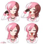  :d breasts brown_eyes brown_hair cherry cherry_knot cleavage coat collarbone cslucaris eating face food fruit gloves half-closed_eyes heterochromia highres jewelry licking licking_lips long_hair long_sleeves looking_at_viewer multicolored_hair naughty_face necklace neo_(rwby) open_mouth pink_eyes pink_hair rwby saliva saliva_trail simple_background smile teeth tongue tongue_out two-tone_hair upper_body white_background 