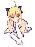  arm_support bare_shoulders dyxm elbow_gloves fate/stay_night fate_(series) gloves green_eyes hand_on_own_chin looking_at_viewer lying on_stomach saber saber_lily sketch smile white_background 