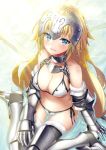  1girl adapted_costume armor armored_boots bangs bare_shoulders bikini bikini_armor black_legwear blonde_hair blue_eyes blurry blush boots breasts cleavage eyebrows_visible_through_hair eyelashes fate/apocrypha fate/grand_order fate_(series) from_above fur_trim gauntlets gorget headpiece heirou light_particles light_rays long_hair looking_at_viewer medium_breasts navel parted_lips ruler_(fate/apocrypha) side-tie_bikini sitting smile solo stomach strap_gap string_bikini sunbeam sunlight swimsuit very_long_hair wariza white_bikini 