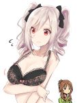  2girls bare_shoulders black_bra blush bra breast_envy breast_hold breasts brown_eyes brown_hair cleavage collarbone commentary_request crossed_arms drill_hair frilled_bra frills hair_ornament idolmaster idolmaster_cinderella_girls kanzaki_ranko large_breasts long_hair looking_at_viewer multiple_girls owafu ponytail red_eyes silver_hair simple_background takamori_aiko twin_drills twintails underwear white_background 