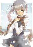  1girl belt brown_eyes brown_scarf buttons dress hair_ribbon hands_on_own_chest highres kantai_collection kasumi_(kantai_collection) long_hair long_sleeves looking_at_viewer neck_ribbon nekotama1987 pinafore_dress plaid plaid_scarf remodel_(kantai_collection) ribbon scarf school_uniform shirt short_sleeves side_ponytail silver_hair sleeveless sleeveless_dress snow snowing standing white_shirt 
