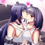  2girls asymmetrical_docking bare_shoulders black_hair breast_press breasts cannon cleavage commentary_request detached_sleeves eyebrows_visible_through_hair forehead_kiss fusou_(kantai_collection) hair_ornament hand_holding headgear japanese_clothes kantai_collection kiss large_breasts long_hair loussier666 machinery multiple_girls nontraditional_miko one_eye_closed red_eyes short_hair symmetrical_docking turret yamashiro_(kantai_collection) yuri 